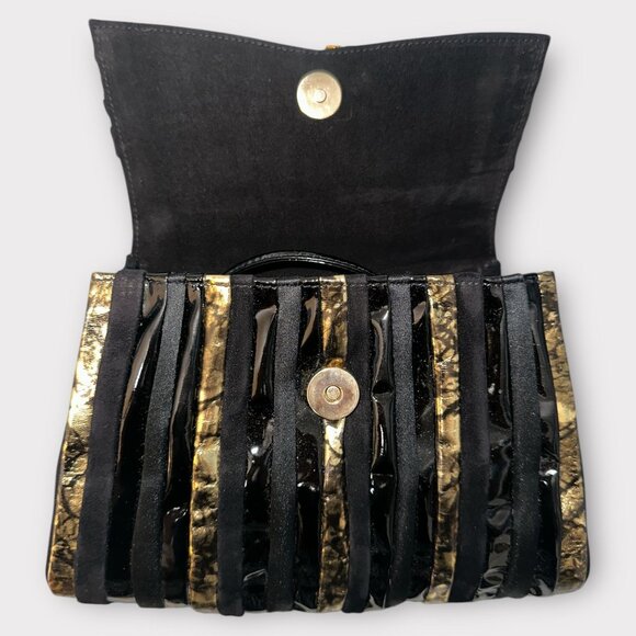 Bycks Evening Bag Black Velvet Clutch Gold Striped Front Bow Shoulder VTG 80s - Picture 5 of 8